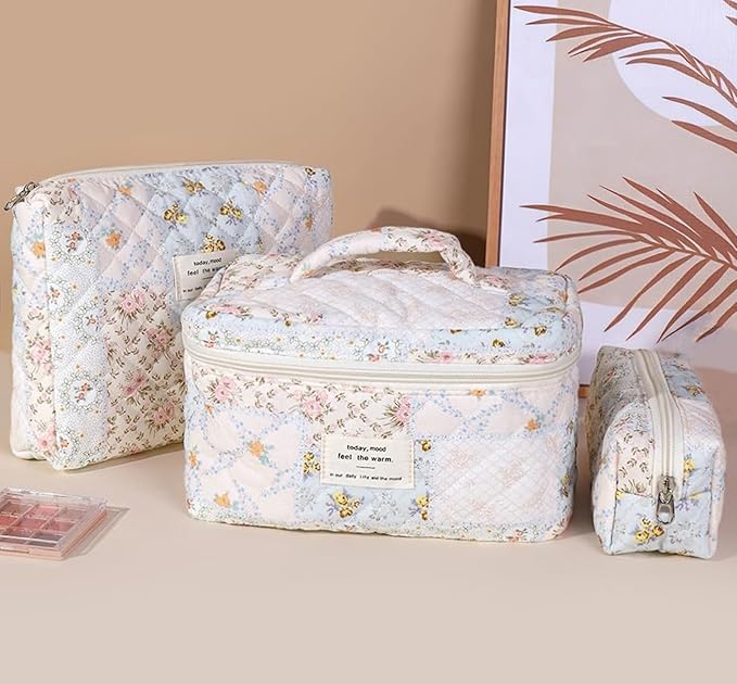 3 Pcs Quilted Makeup Bag Set,Coquette Cotton Make up Bag,Cute Floral Makeup Bags Large Toiletry Cosmetic Bag Organizer for Women Girls (J-3PCS)