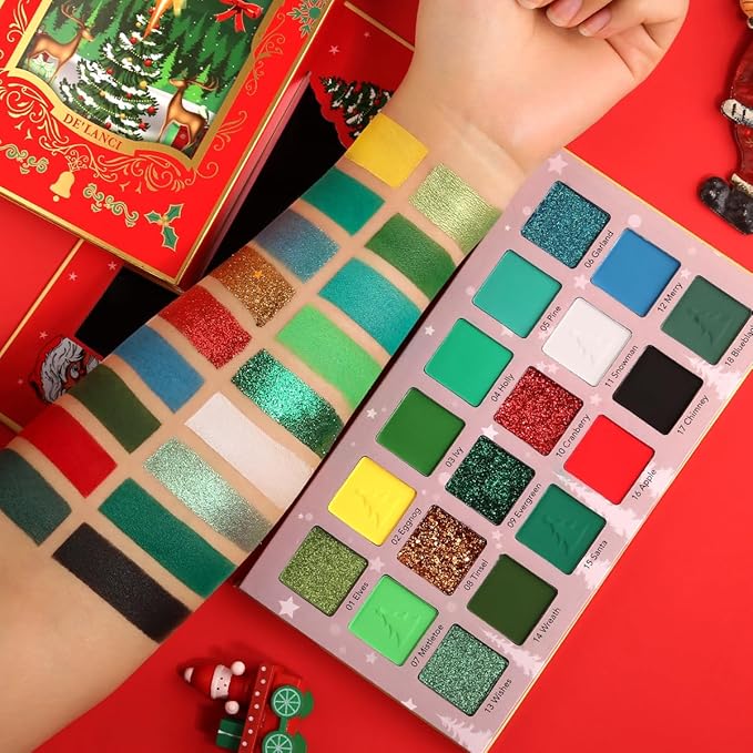 Afflano Green Eyeshadow Palette - Multichrome Red, Forest Green Glitter, White, Black, Blue Grinch St. Patrick's Day Makeup Gift
