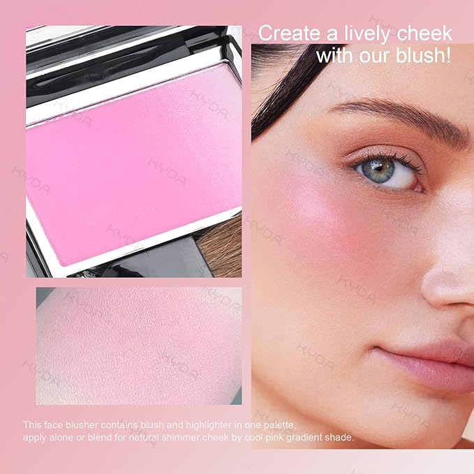KYDA Pink Shimmer Blush, Gradient Cool Purplish Pink Color, Micro-fine Pearl Powder Blusher, Soft Buildable Cheek Color, Lightweight Smooth Finish, Multiuse Blush Makeup Compact