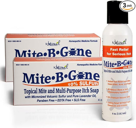 Natural, Calming Itch Relief Pack by Mite-B-Gone - 10% Sulfur Lotion (4oz) + 2 Soaps | Treats Bites, Acne, Itching, Rosacea & Irritation | Safe for Kids & Adults | Fast & Effective for All Skin Types