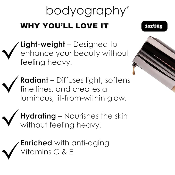 BODYOGRAPHY - NATURAL FINISH Foundation (Light #130): Oil-Free Anti-Aging Salon Natural Finish w/ Vitamin E, C, Antioxidants | Vegan, Gluten-Free, Paraben-Free