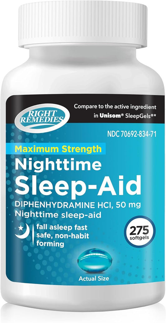 Nighttime Sleep Aid Softgels, (275 softgels), Diphenhydramine HCI 50 mg, Fall Asleep Fast, Supports Deeper, Restful Sleep