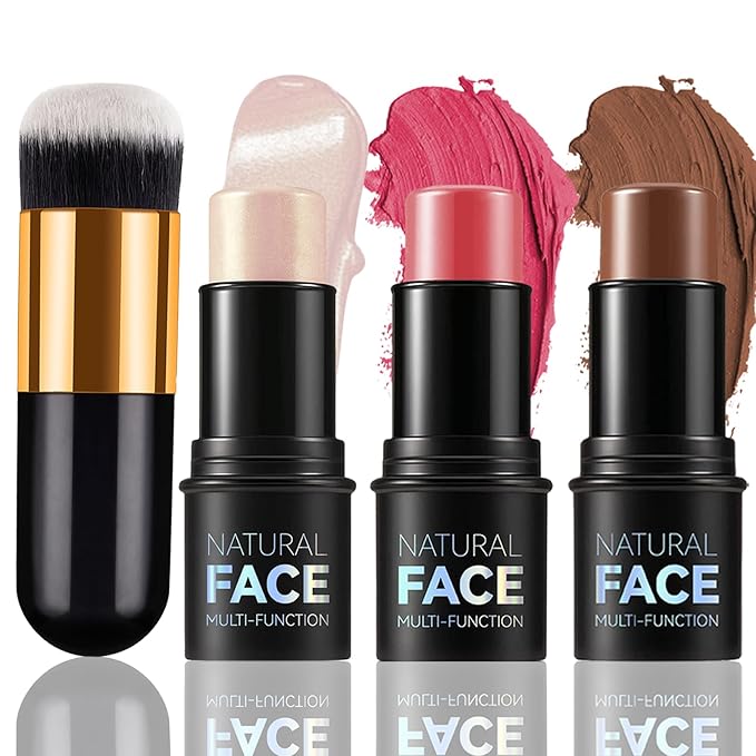 3 Pcs Cream Contour Sticks, Contour Makeup Shades with Highlighter Stick, Blush Stick and Bronzer Stick, Contour Kit with Contour Brush Blendable, Waterproof, Long-lasting