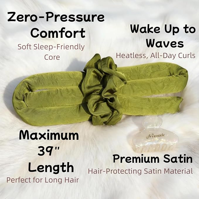 Serenade Textured Satin Heatless Curls Overnight, Heatless Hair Curler Curling Set for Women and Girls to Sleep in, with 2 Satin Scrunchies and 1 Clip for Overnight Curls, Green