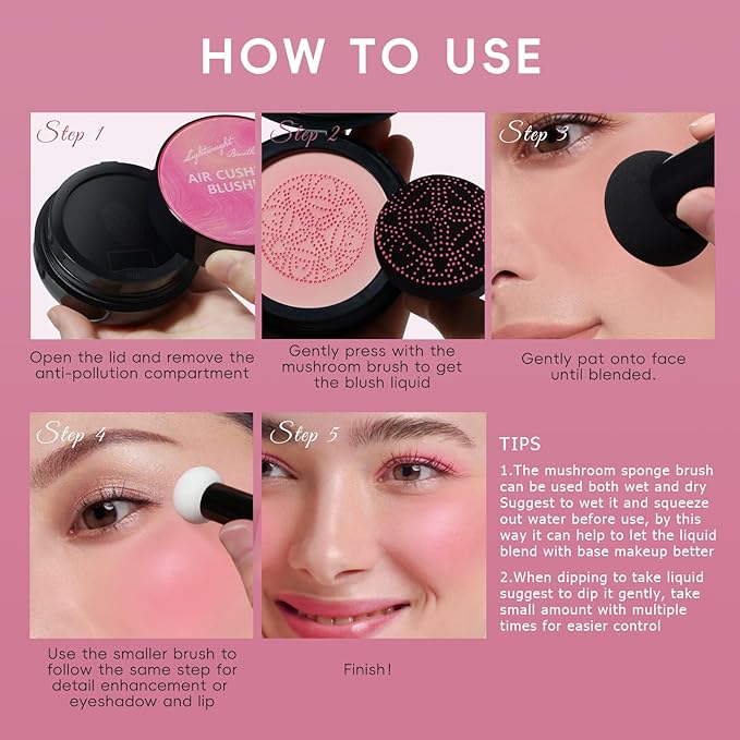 Cushion Blush for Cheeks with Air Mushroom Applicator Head Brush, Liquid Blusher Set Dewy Matte Finish, Moisturizing Cream Blush Tint Kit for Face Makeup Soft Pink