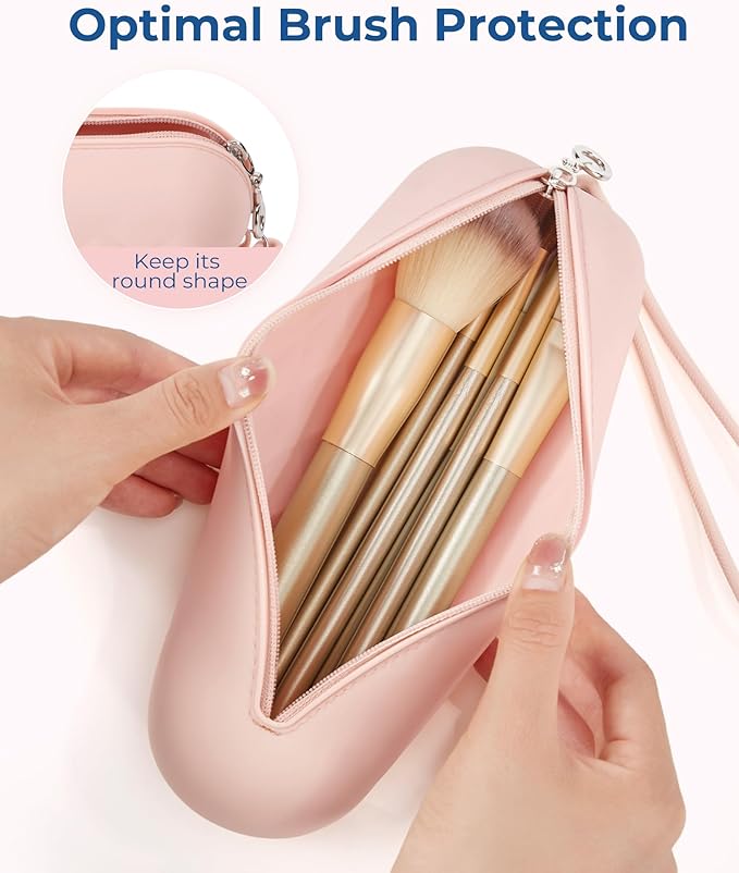 BAGSMART Makeup Brush Holder Bag, Travel Small Makeup Bag for Purse, Make Up Brush Bag Case Cosmetic Bag, Silicone Soft Portable Face Brushes Travel Essentials Organizer Holder, Pink