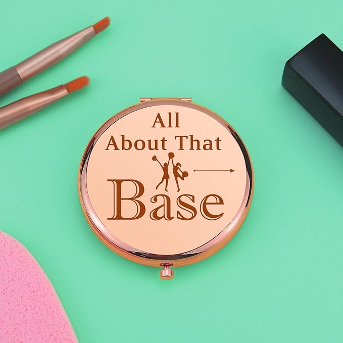 Mwphuy Cheerleading Gift Compact Makeup Mirror, Rose Gold, 2.6"L x 2.6"W, Magnifying, Dual Sided, Round, Frameless, All About That Base, Christmas Theme
