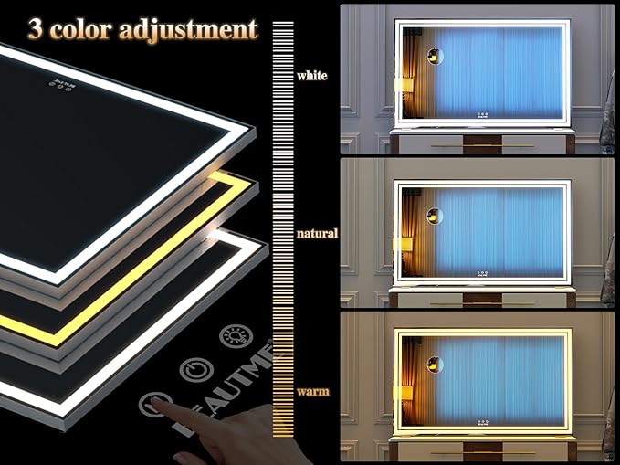 BEAUTME Vanity Mirror, Large Hollywood Mirror with Lights for Tabletop,Lighted Makeup Mirror for Dressing Room & Bedroom, Desktop Mirror/Wall Mounted Mirror 1.8M Cable,Silver(101.6 × 62cm)