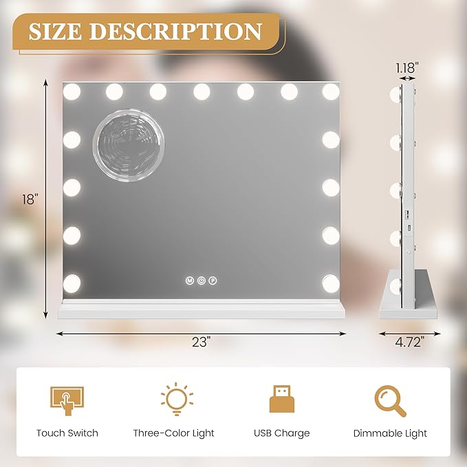 Makeup Mirror with Lights, Multifunctional Desktop Vanity Mirror with 15 Dimmable LED Lights and 3 Lighting Modes, 3x Magnification, Smart Touch Controls, Desktop or Wall Mount, Dressing Room/Bedroom