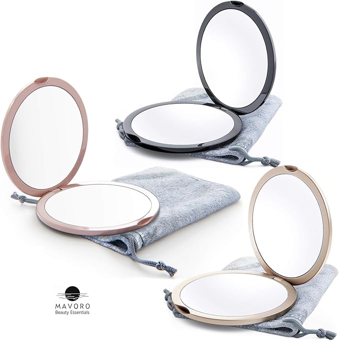 Magnifying Compact Mirror for Purses, 1x/10x Magnification – Double Sided Travel Makeup Mirror, 4 Inch Small Pocket or Purse Mirror. Distortion Free Folding Portable Compact Mirrors (Champagne Gold)