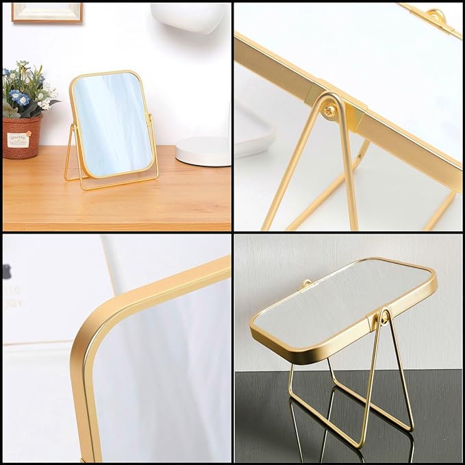 2-Sided Golden Tabletop Makeup Mirror, Double Sided 2X Magnification Vanity Mirror, 360°Rotation Dressing Table Mirror (Gold - Rectangle)