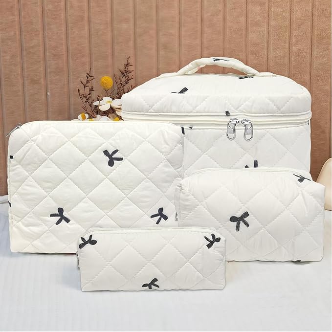 4 Piece Cute Bow Embroidered Quilted Makeup Bag Set, Large Capacity Travel Makeup Bags for Women and Girls, Includes Small, Small-Medium,Medium, and Extra Large aesthetic makeup&Cosmetic Bags