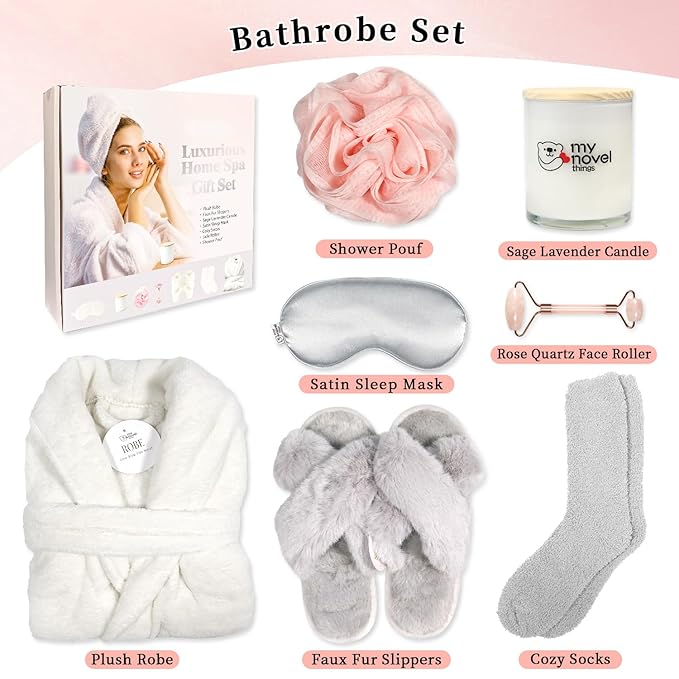 Birthday Gifts for Women,Spa Robe and Slippers Set, Bathrobe With Silky Satin Sleep Mask, Scented Candle Self Care 7 Pack Suitable for Christmas Thanksgiven Day Grey