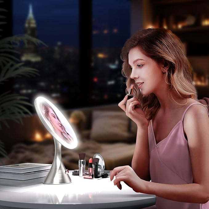 10'Large Lighted Makeup Mirror with 7X Magnification Mirror,3 Colors & 10 Brightness,Magnifying Mirror with Light for Makeup Vanity,5000mAh,Pearl Nickel,Gifts Box (Nickel)