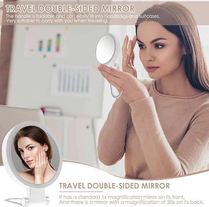 30X Magnifying Mirror with Light 360° Rotating Lighted Makeup 3 Lighting Modes Lighted Magnified Mirror 1000mAh Rechargeable Magnified Makeup for Women Girls