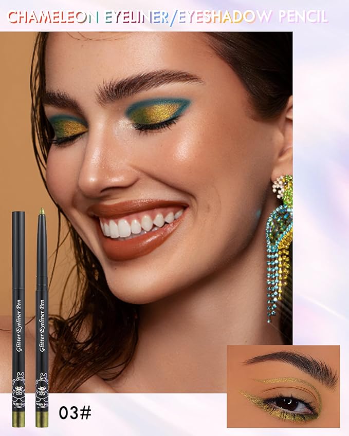 Retractable Glitter Eyeliner Pencil, Chameleon Matte Metallic Eye Liner, Waterproof Smudge-proof, Long-lasting, Highlighter Gel Eye Liner with Sharpener for Women-03