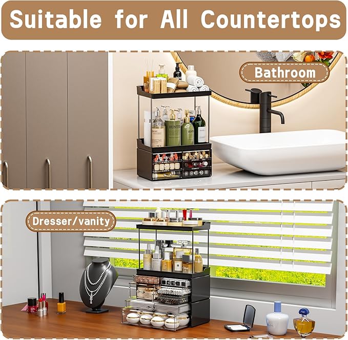 3 Tier 6-Drawer Bathroom Counter Organizer Shelf - Stackable Design - 18.9" Tall Large Skin Care Organizer Suitable as Makeup,Beauty,Face Product,Lotion,Skincare Organizers,Black