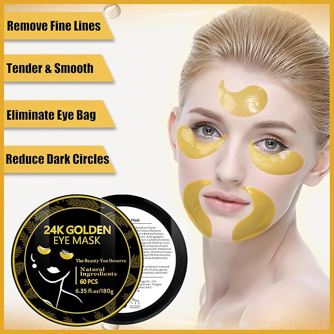 MIELIKKI 60 Pcs Under Eye Patches, 24K Gold Eye Masks, Collagen Anti Aging Eye Gel Pads, Moisturizing Eye Treatment for Puffy Eyes, Dark Circles, Wrinkles, Fine Lines, 24K GOLDEN
