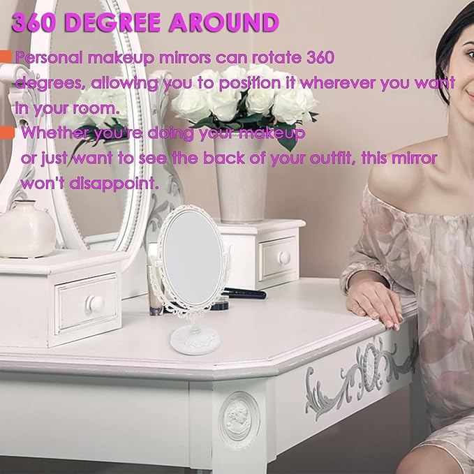 AKOAK 1 Pack Desktop Makeup Mirror, Oval Desk Makeup Mirror, Double-Sided 360-degree Rotating Makeup Mirror Bathroom Bedroom Makeup Mirror, Travel Mirror Suitable for Women (Beige)