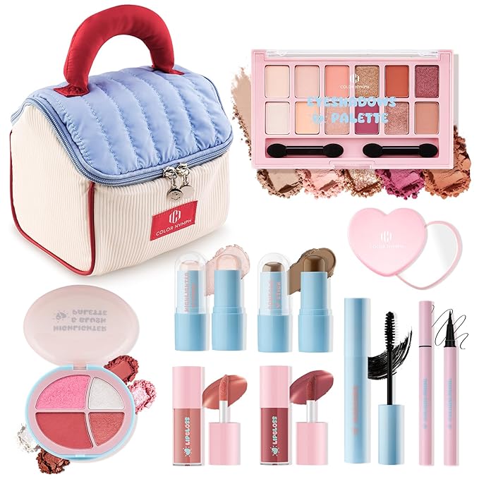 Color Nymph Girls Makeup Kit For Teen Girls & Women with Cutie Pie Handbag, All In One Girl Makeup Sets for Women Full Kit with Eye shadow, Face Blush Contour Highlighter Lipgloss Mascara and Mirror
