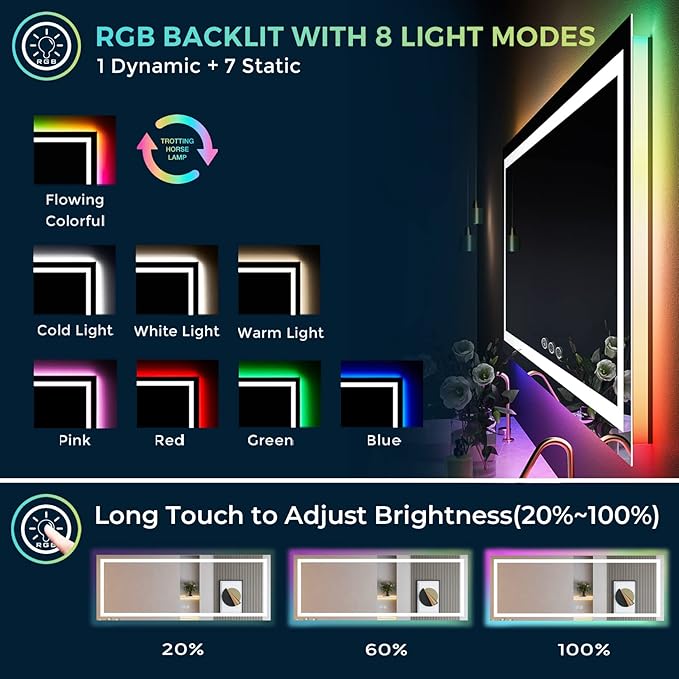 96x36 Inch RGB LED Bathroom Mirror Front Light and RGB Backlit Lighted Vanity Mirror for Bathroom Wall Mounted Dimmable Anti Fog Memory Shatter-Proof IP54 Waterproof Horizontal/Vertical