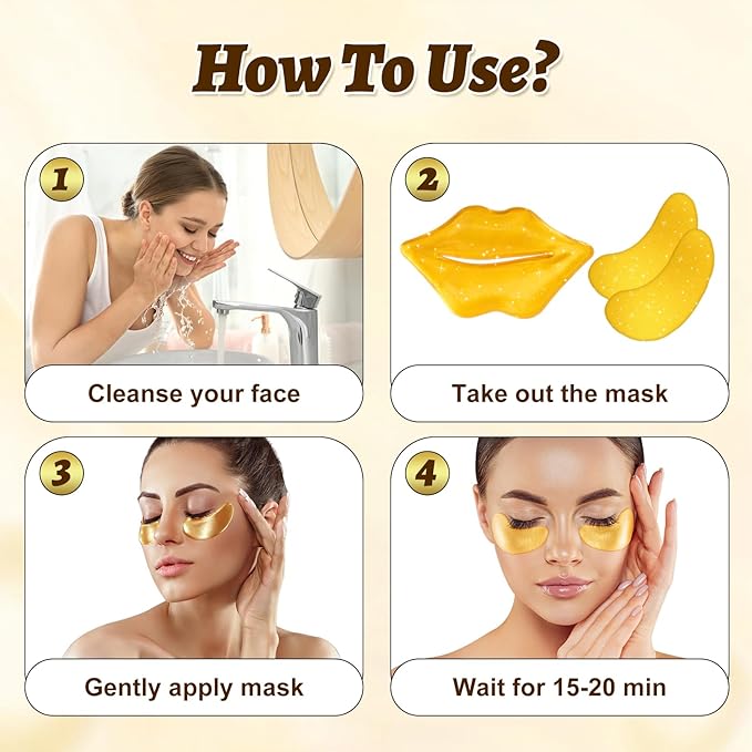 40 Pcs Lip and Eye Mask Set,Collagen Lip Mask Sheet and Under Eye Patches,Gold Lips Masks Skincare,Gold Gel Crystal Collagen Eye Patches,Moisturizing Reducing Fine Lines & Dark Circle