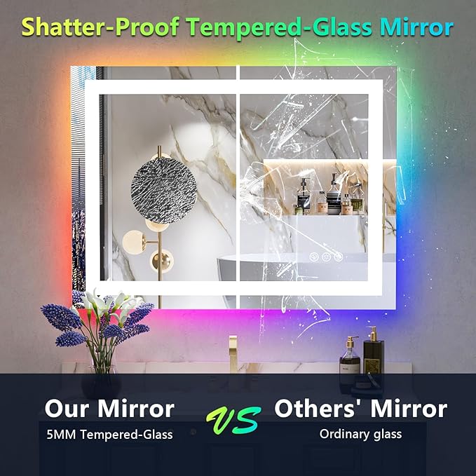 24x36 Inch RGB LED Bathroom Mirror Front Light and RGB Backlit Lighted Vanity Mirror for Bathroom Wall Mounted Dimmable Anti Fog Memory Shatter-Proof IP54 Waterproof Horizontal/Vertical