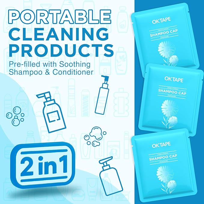 OK TAPE No Rinse Shampoo Cap (6 Packs), Microwaveable Rinse Free Caps for Bedridden Patients or Elderly, Waterless Shampoo and Condition Hair, Chamomile Fragrance