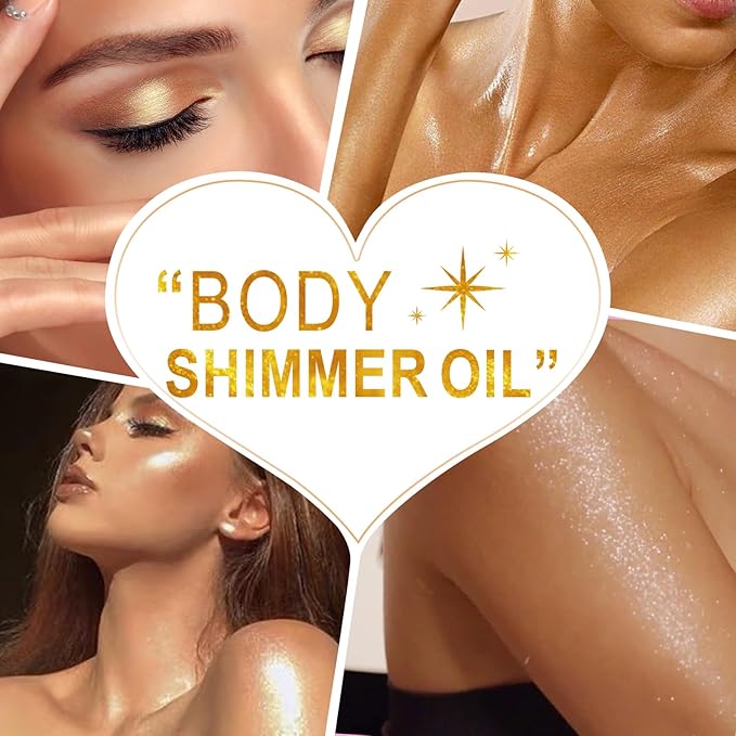 Body Shimmer Oil 100ml, Long Lasting Moisturizing Face & Body Luminizer, Waterproof Liquid Illuminator, Shimmer Glitter Oil Highlighter (#04 Golden Brown)