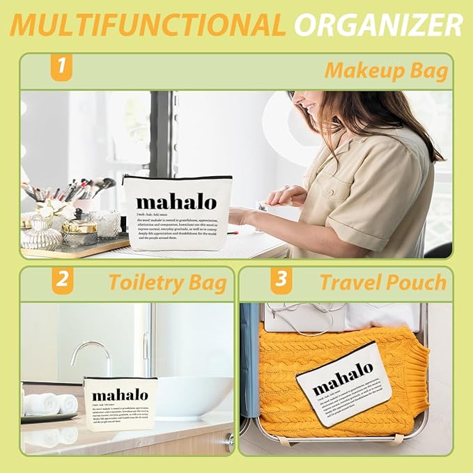 Mahalo Definition Inspirational Makeup Bag Hawaii Cosmetic Bag Hawaiian Gifts Hawaiian souvenirs Thank You Gifts for Women Female Grandma Mom Sister Friend Wife Travel Toiletry Bag Christmas Birthday