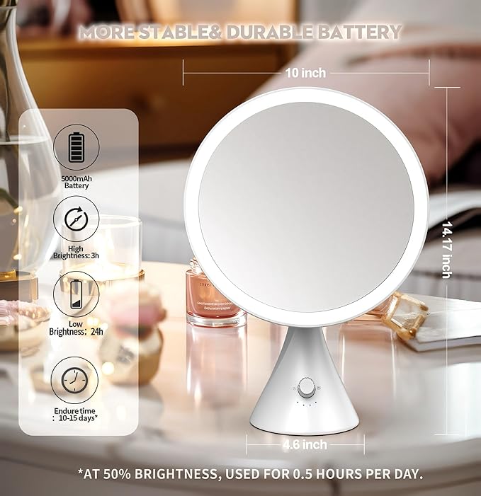 10 Inch Lighted Makeup Mirror with 7X Magnification,3 Colors & 10 Brightness Levels, Magnifying Makeup Mirrors with 5000mAh Battery, Anti-Glare,Gift Box (White)