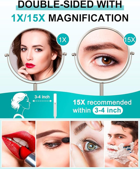 ALHAKIN 1X/15X Magnifying Mirror, Double Sided Makeup Mirror with Stand for Desk, 8 Inch Vanity Tabletop Mirror with 360° Rotation Portable for Bathroom Bedroom, Nickel