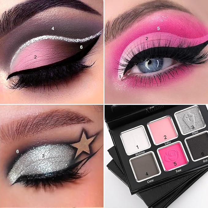 Black Pink Eyeshadow Palette, Matte Glitter White Grey Silver Goth Makeup Palette, Pigmented Long Wear Radiant Hot Pink Gothic Smoky Eye Shadow Pallet for Halloween Vampire, Witch,Lolita, Y2K, Cosplay