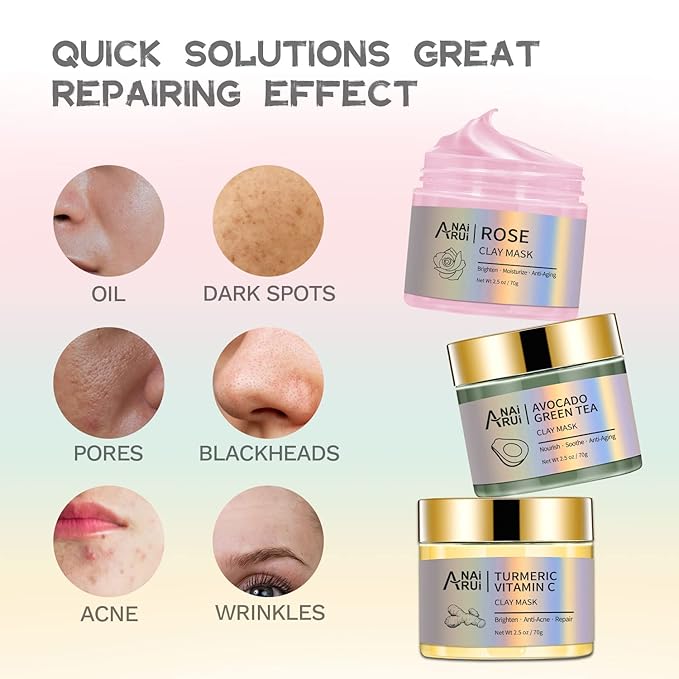 ANAI RUI 3 Pack Pore Purity Cleansing Clay Mask Set Absorbs Excess Oil,Turmeric Vitamin C Clay Mask -Rose Facial Mask -Avocado Green Tea Mud Mask,Facial Mask Skincare for Deep Cleansing 2.5 oz each