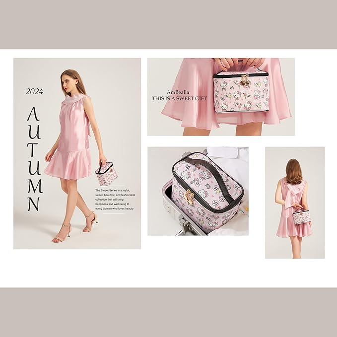 AmBealla Cosmetic Bag Large Makeup Bag Pink Makeup Travel Case with Brush Holder, Canvas Organizer for Women, Toiletry Bag for Skincare & Beauty Tools Sweet Cute for Girls