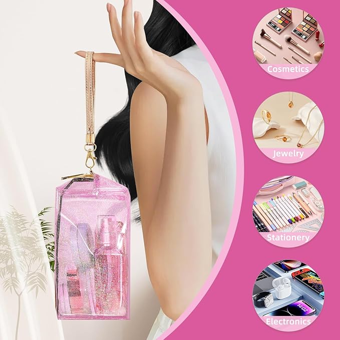 Clear Colorful Makeup Bag, Thick PVC Small Clear Toiletry Bag for Travel, Waterproof Cosmetic Bag with Durable Zipper & Detachable Strap, Cute Transparent Pouch Organizer for Women, 7.1×4×3 In Pink