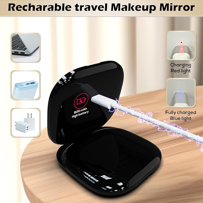 Adjustable Brightness Compact Mirror, Lighted Travel Mirror with 1X/10X Magnifying,Double Sided,Mini Dimmable Portable for Handbag and Pocket, USB C Charging,for Girls Women(Black)