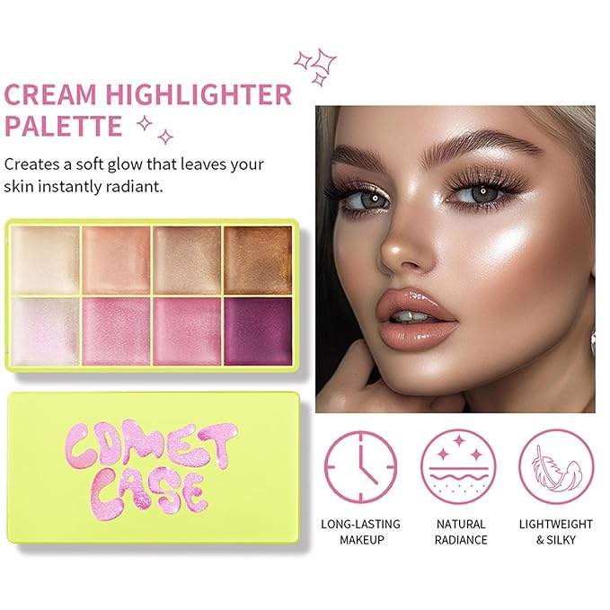 8-Color Cream Highlighter Palette for Older Woman – Suitable for Dry and Mature Skin, Lightweight & Waterproof Face Highlighter for a Luminous Glow, Makeup Palette for Contour, Highlighting & Strobing