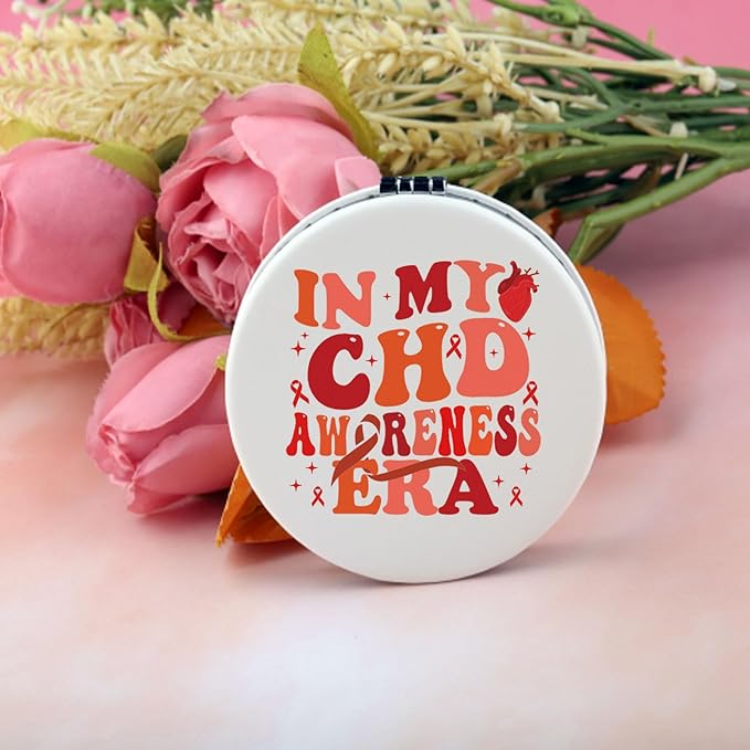 BEKECH CHD Awareness Gifts in My CHD Awareness Ear Compact Mirror Heart Disease Warrior Gifts Red Ribbon Awareness Makeup Mirror