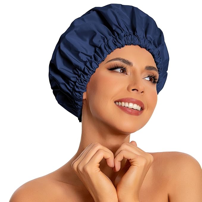 Reusable Shower Cap for Women, Large Waterproof Shower Essentials Bonnet Washable Elastic Band Bath Hair Wrap Hat for Long Hair, Braids(Navy)