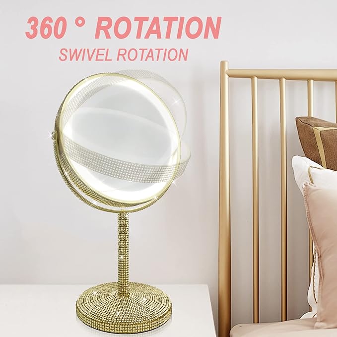 8" Gold Makeup Mirror with Lights - 10X Magnifying Vanity Mirror, 3 Color LED, Adjustable Brightness, 360° Swivel, Rechargeable - Desk/Bathroom Mirror (Gold)