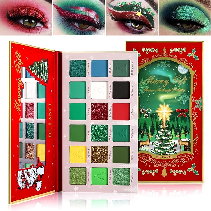 Afflano Green Eyeshadow Palette - Multichrome Red, Forest Green Glitter, White, Black, Blue Grinch St. Patrick's Day Makeup Gift
