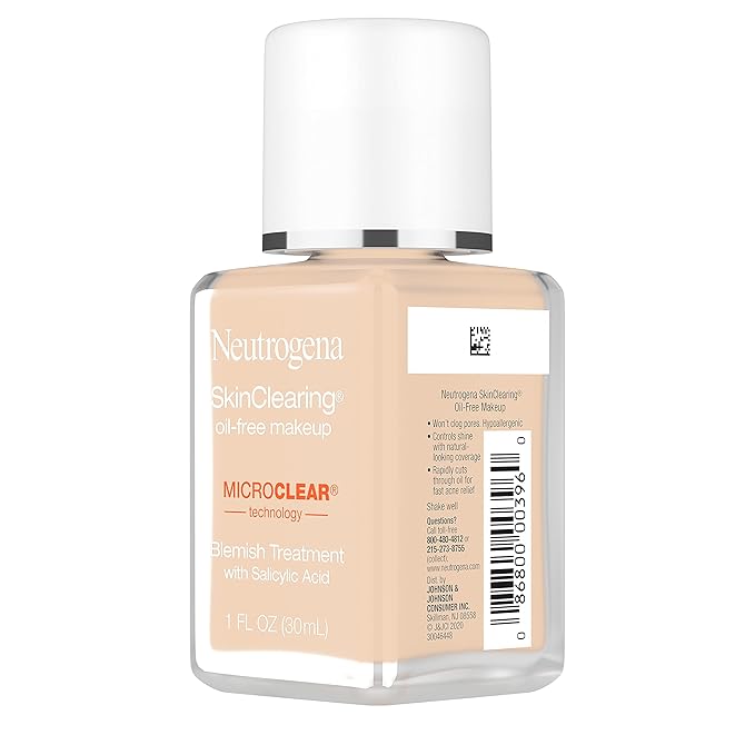 Neutrogena SkinClearing Oil-Free Acne and Blemish Fighting Liquid Foundation with.5% Salicylic Acid Acne Medicine, Shine Controlling Makeup for Acne Prone Skin, 30 Buff, 1 fl. oz