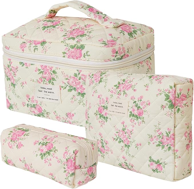 Makeup Bag Organizer, 3 Pieces Quilted Cosmetic Bag Set, Cotton Makeup Bag for Women, Floral Make Up Bag, Coquette Makeup Pouch, Flower Travel Toiletry Bag (Pink Flower)