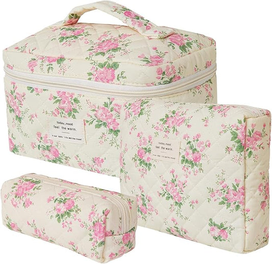 Makeup Bag Organizer, 3 Pieces Quilted Cosmetic Bag Set, Cotton Makeup Bag for Women, Floral Make Up Bag, Coquette Makeup Pouch, Flower Travel Toiletry Bag (Pink Flower)
