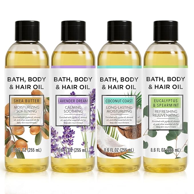 Bath Oil Body Oil with Shea Butter, Lavender, Eucalyptus Mint, Coconut Scent Bath Oils, Mother's Day Gifts for Women, 25.8 fl oz (Pack of 4)