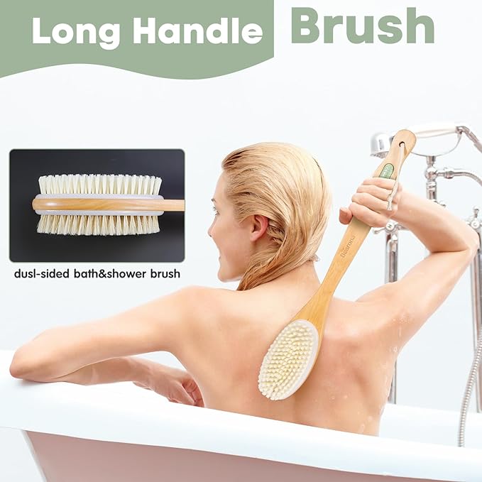 Bearona Body Brush with Exfoliating Mitt Set,Dual-Sided Long Handle with Soft and Stiff Natural Bristles, Shower Scrub for Dead Skin Removal,Body Exfoliator for Bath or Dry Brush