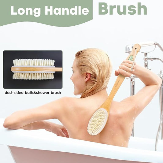 Bearona Body Brush with Exfoliating Mitt Set,Dual-Sided Long Handle with Soft and Stiff Natural Bristles, Shower Scrub for Dead Skin Removal,Body Exfoliator for Bath or Dry Brush