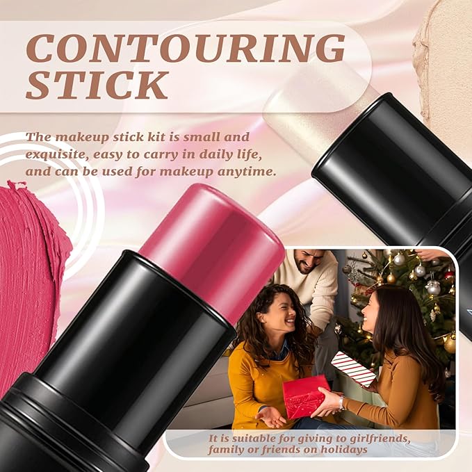 3 Pcs Cream Contour Sticks, Contour Makeup Shades with Highlighter Stick, Blush Stick and Bronzer Stick, Contour Kit with Contour Brush Blendable, Waterproof, Long-lasting