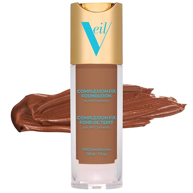 Veil Cosmetics Complexion Fix Liquid Foundation – Buildable Coverage – Water-Resistant, Hypoallergenic, Oil-Free, Cruelty-Free & Vegan – Lightweight & Brightening – All Skin Types (5N Deep Neutral)